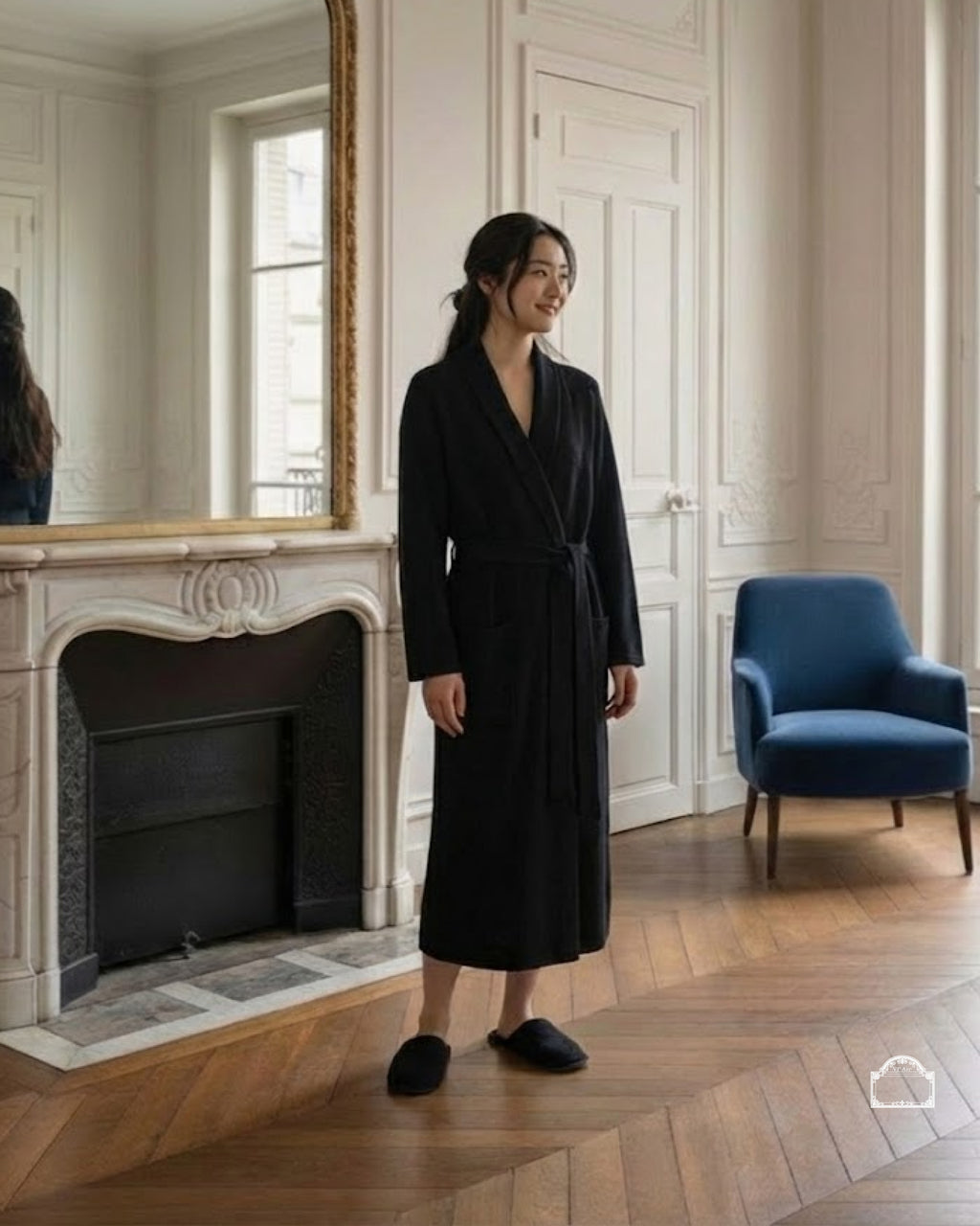 Model wearing a black cachemire bathrobe in an elegant interior with natural light.