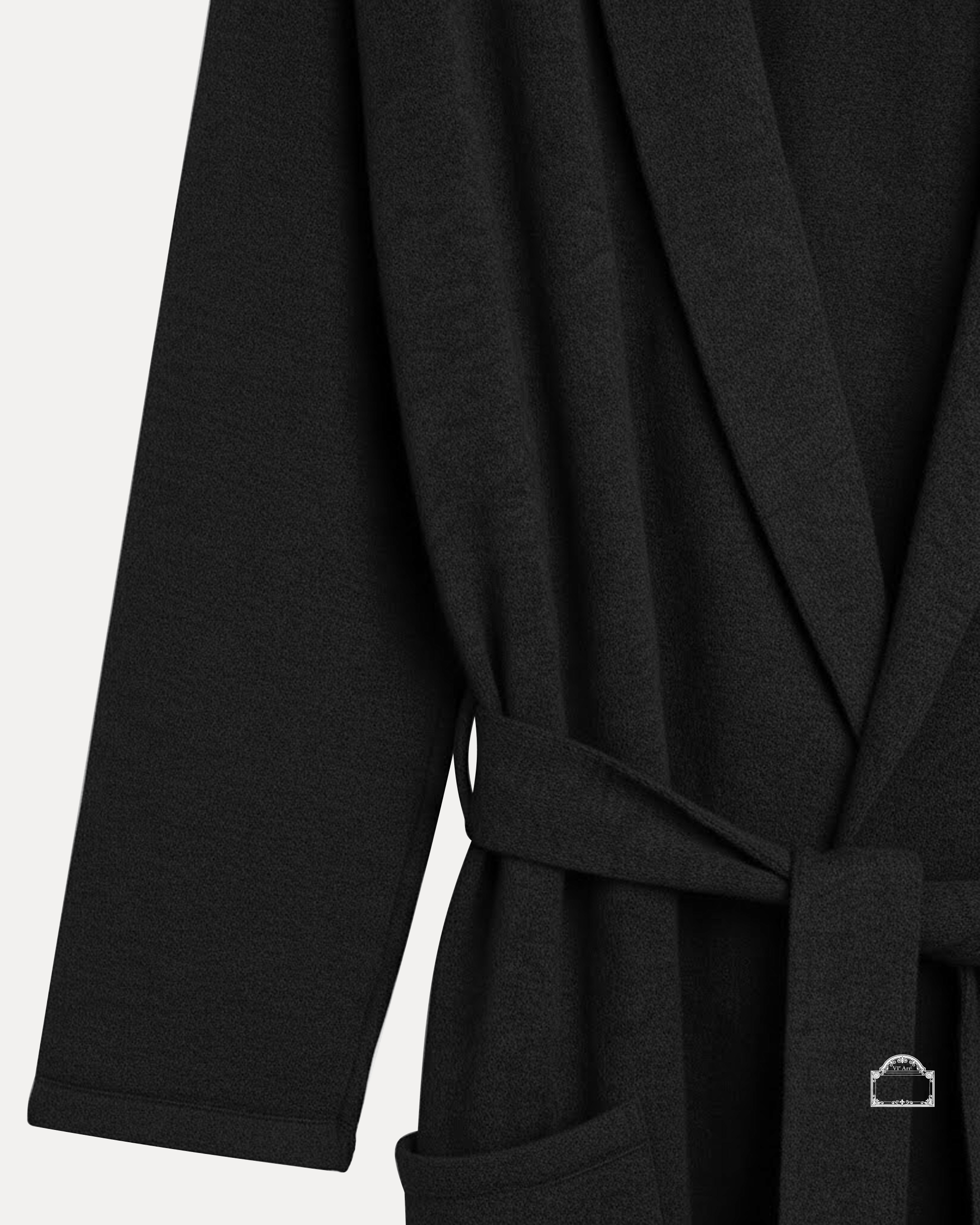 black cachemire bathrobe in premium black velour with textured waffle pattern and belt.