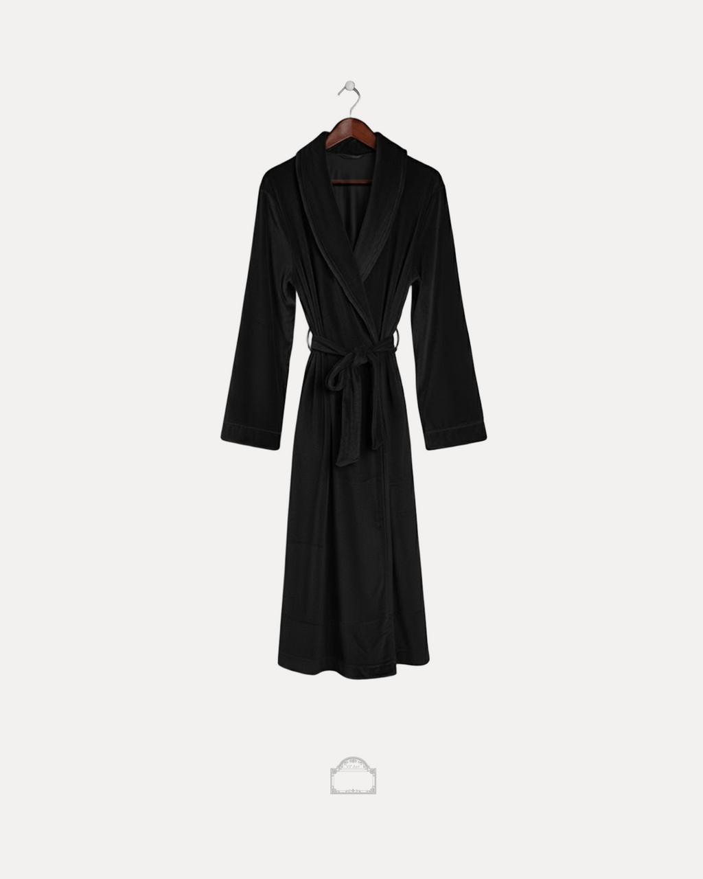 Black velour bathrobe front view – premium Parisian-style velour bathrobe with shawl collar and tie belt