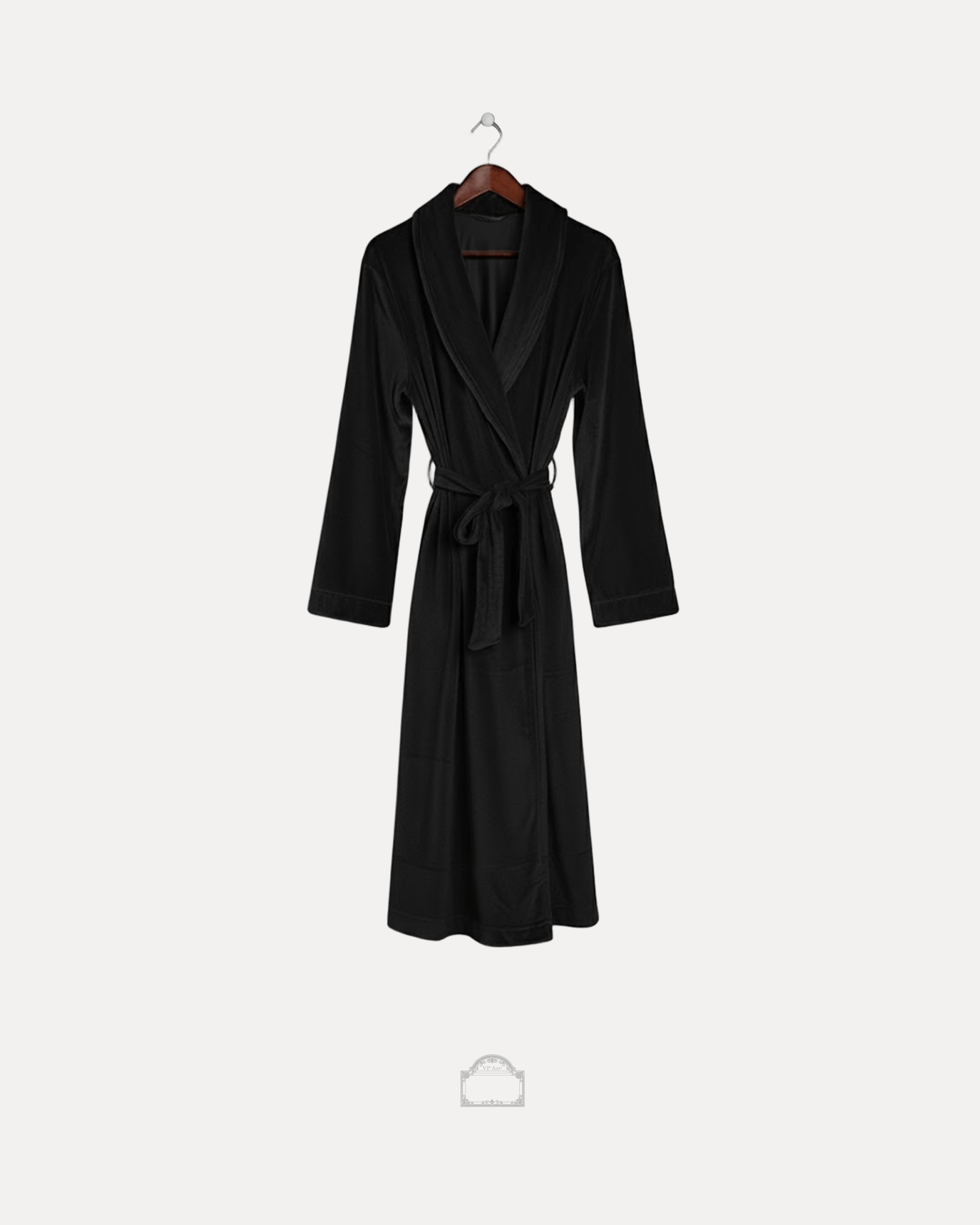 Black velour bathrobe front view – premium Parisian-style velour bathrobe with shawl collar and tie belt