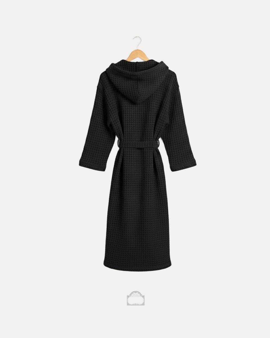 Back view of black waffle bathrobe with hood