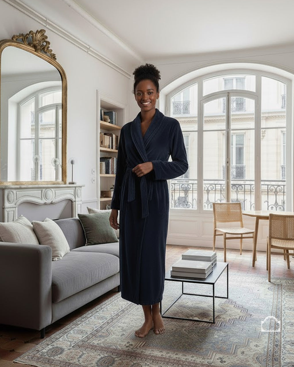 Woman in a blue velour bathrobe standing in a stylish living room with large windows and modern decor.