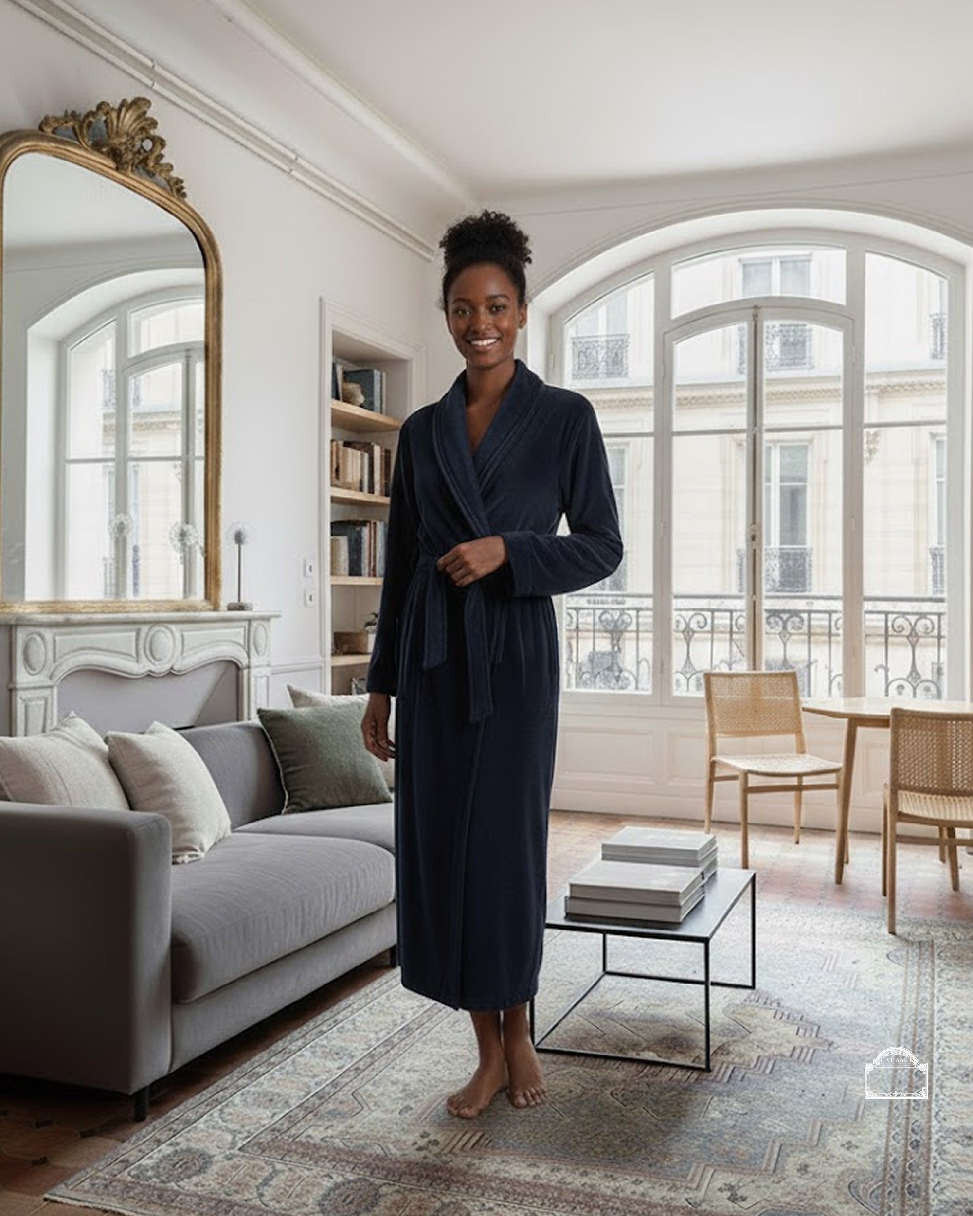 Woman in a blue velour bathrobe standing in a stylish living room with large windows and modern decor.