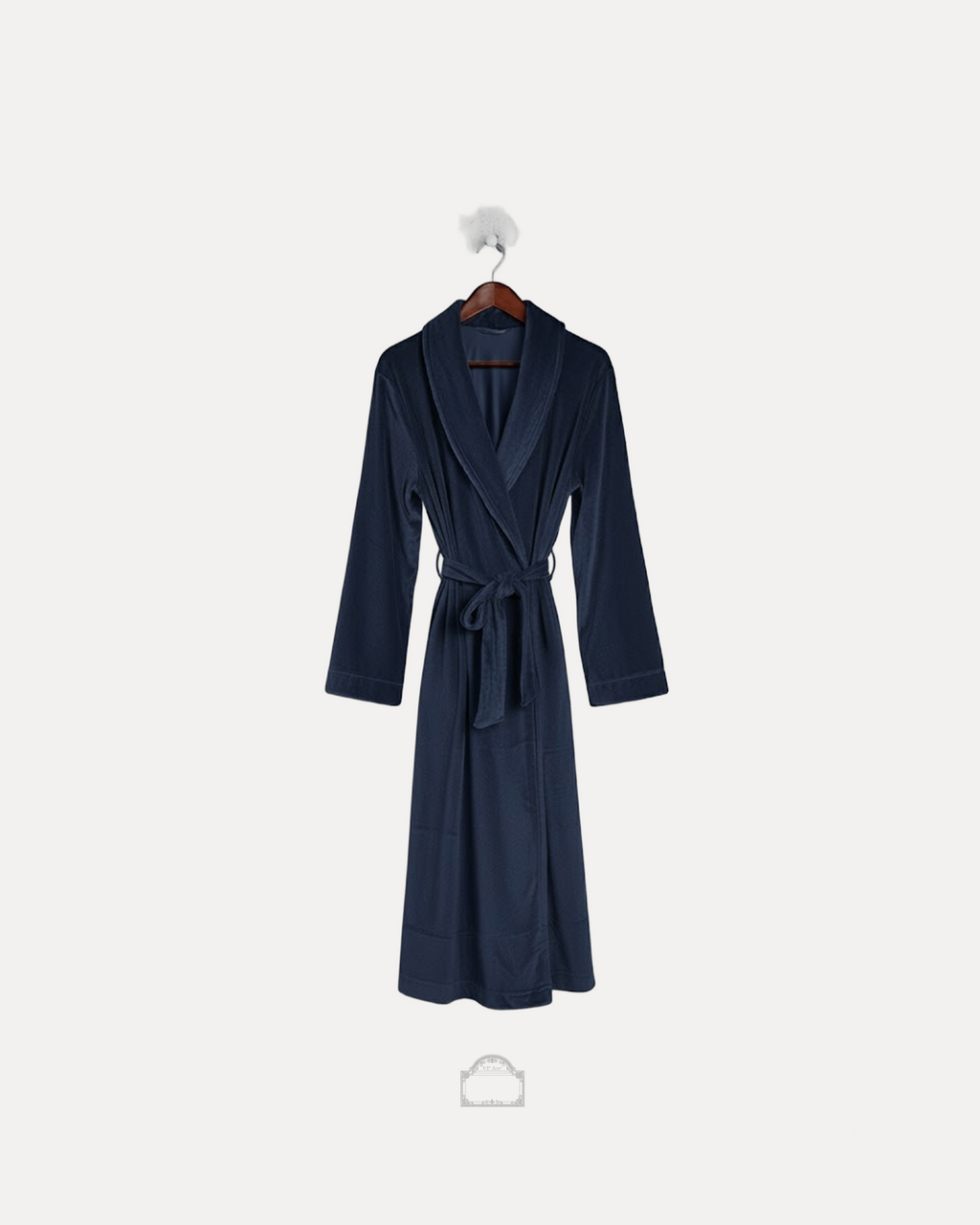 blue velour bathrobe in blue velour, showcasing a soft and comfortable design.