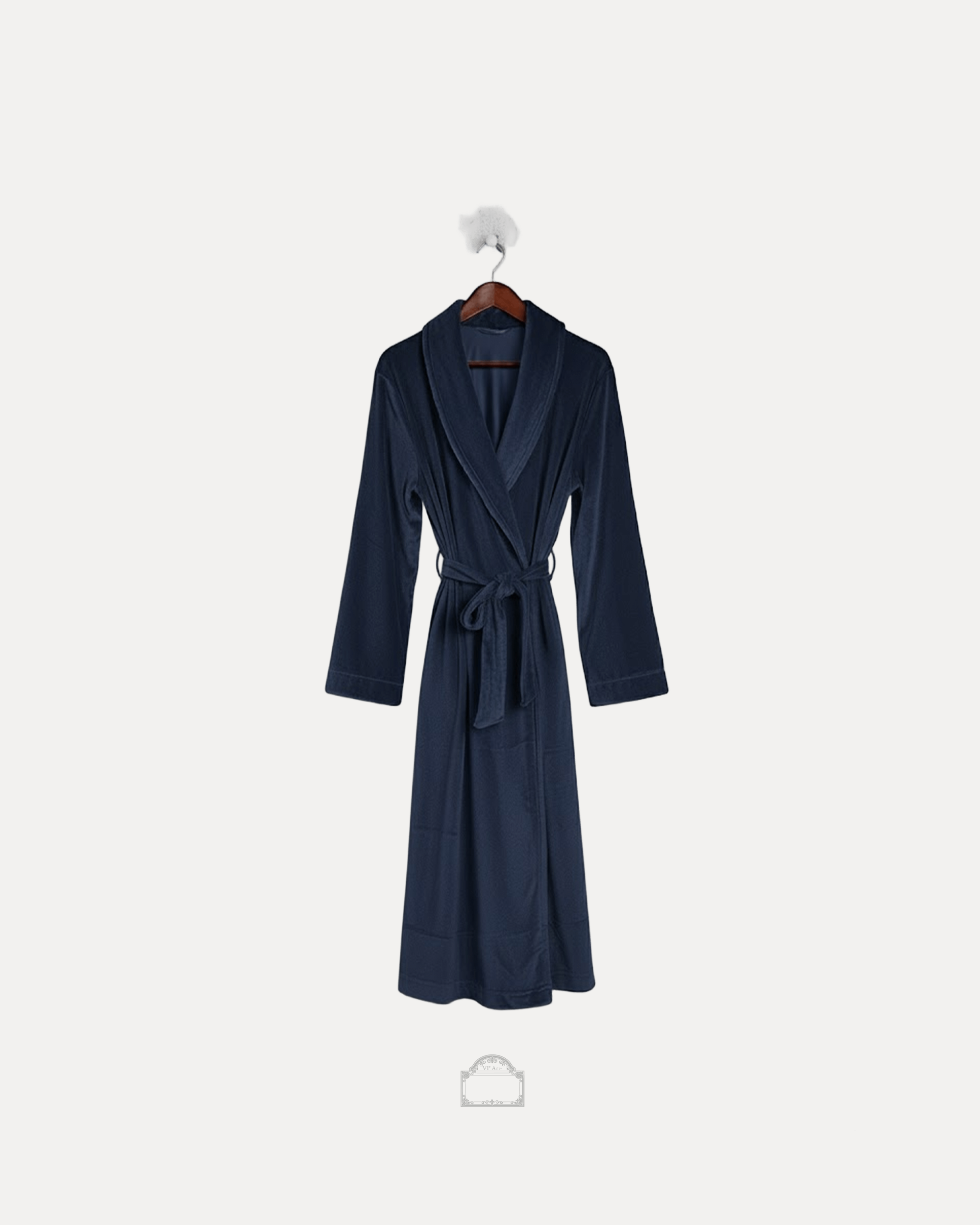 blue velour bathrobe in blue velour, showcasing a soft and comfortable design.