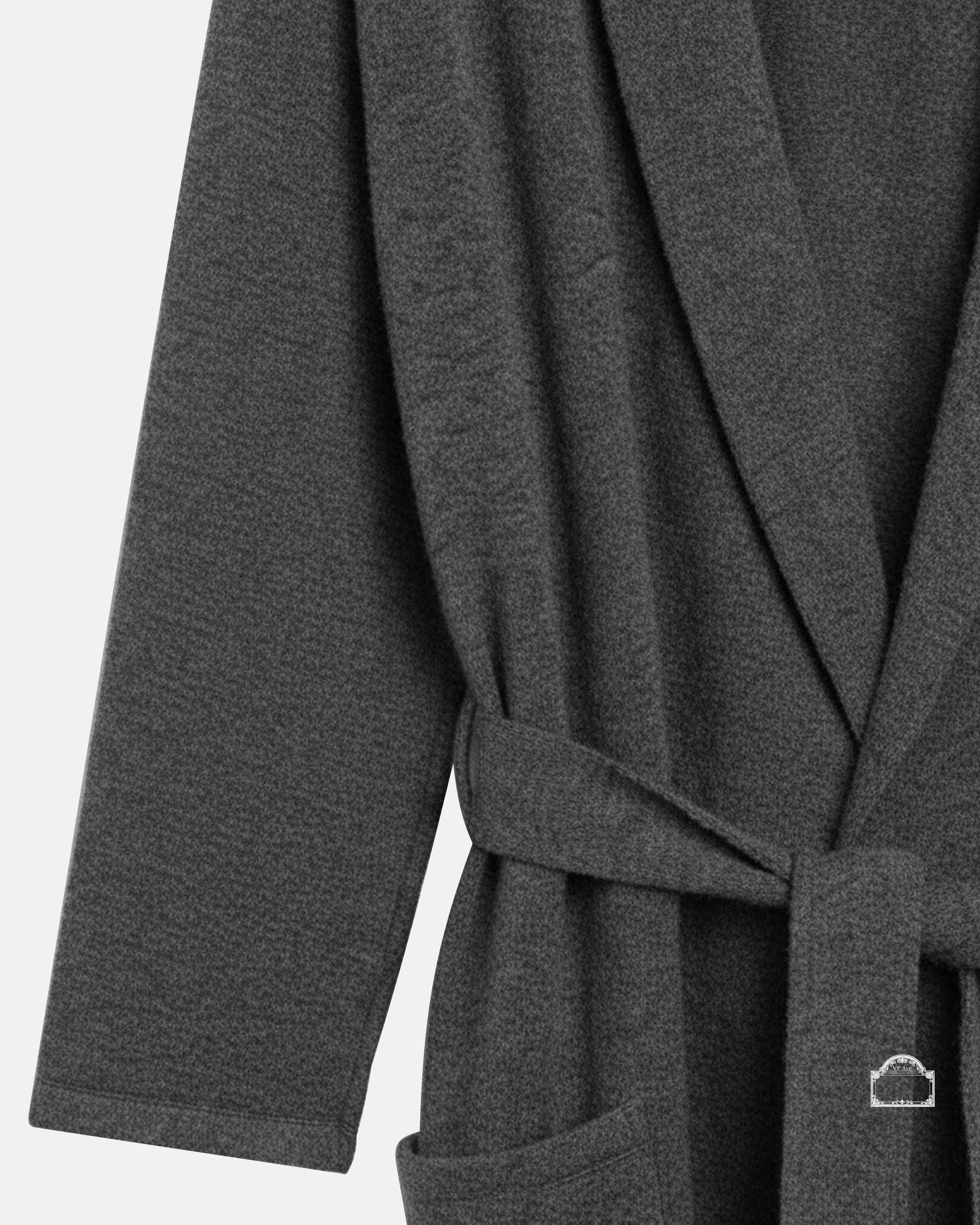Grey cachemire bathrobe with a stylish tie and pockets, perfect for luxurious lounging.