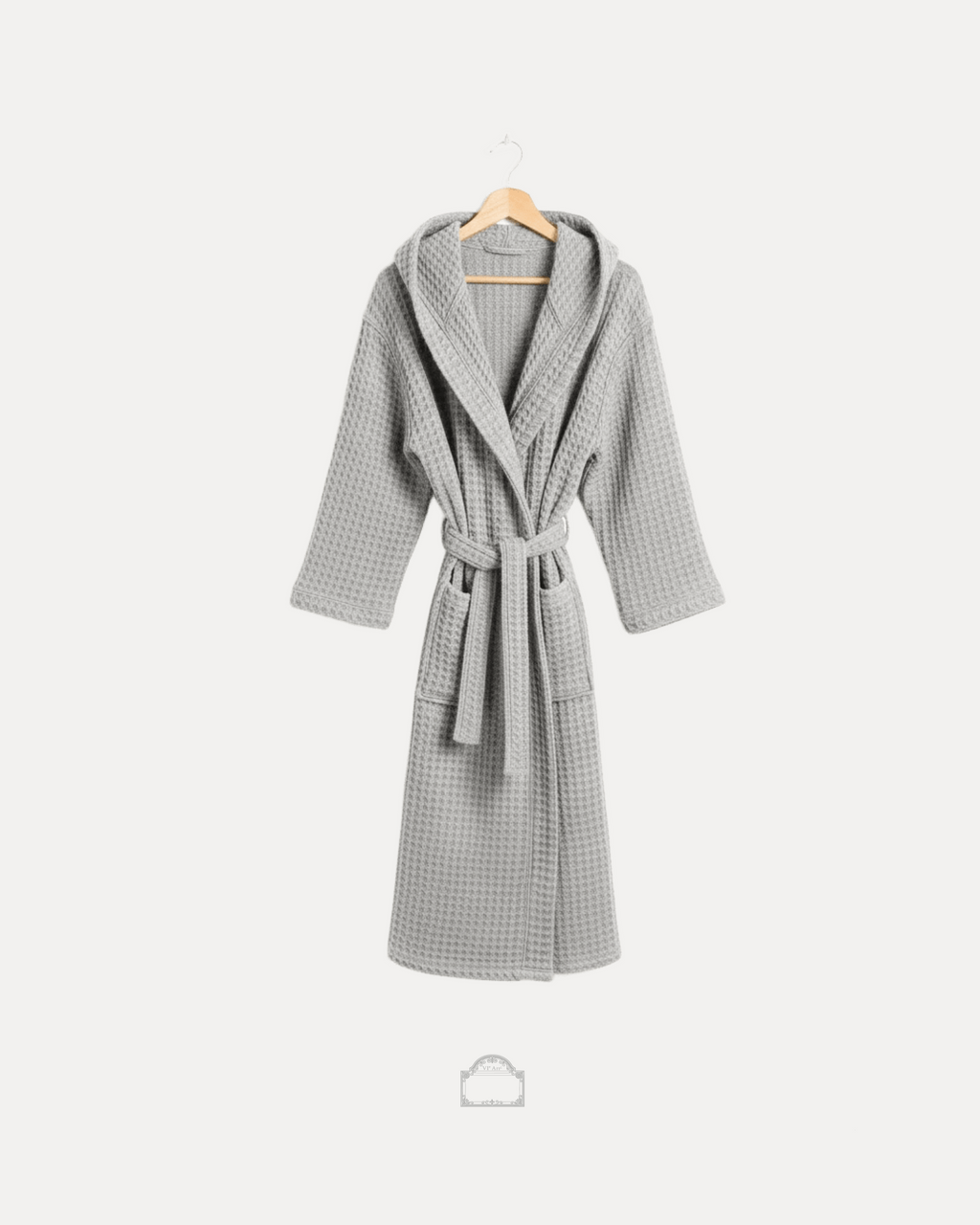 Grey waffle bathrobe with hood and belt front view